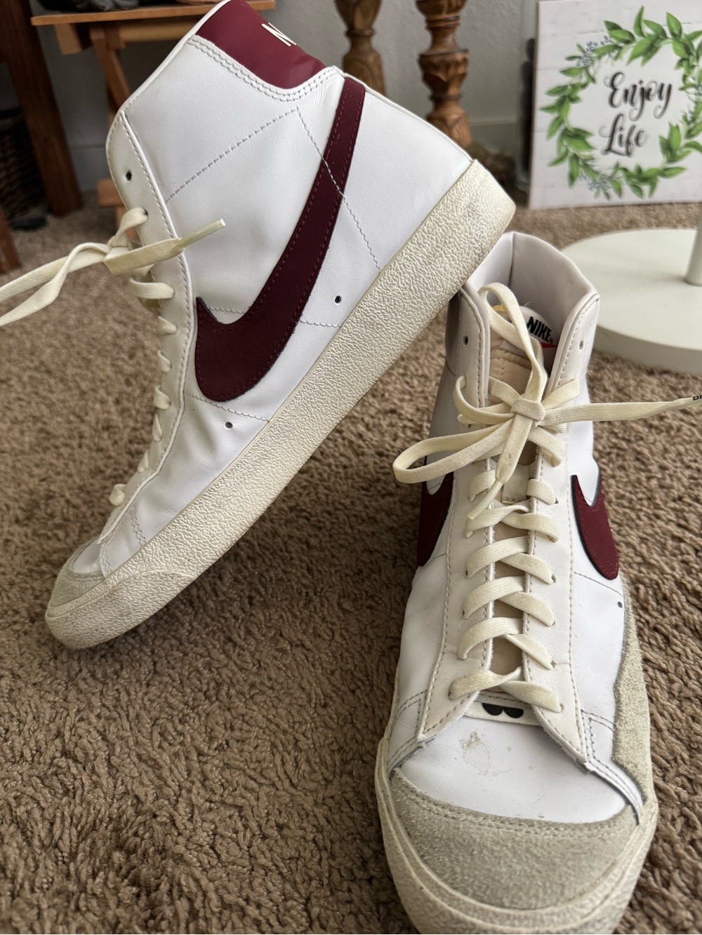 Nike Blazers  High-Top Sneakers - White with Burgundy Swoosh